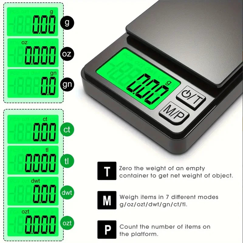 Balança de bolso de precisão - Balança digital de gramas, alimentos, joias, LCD retroiluminado - Mini balança para viagens